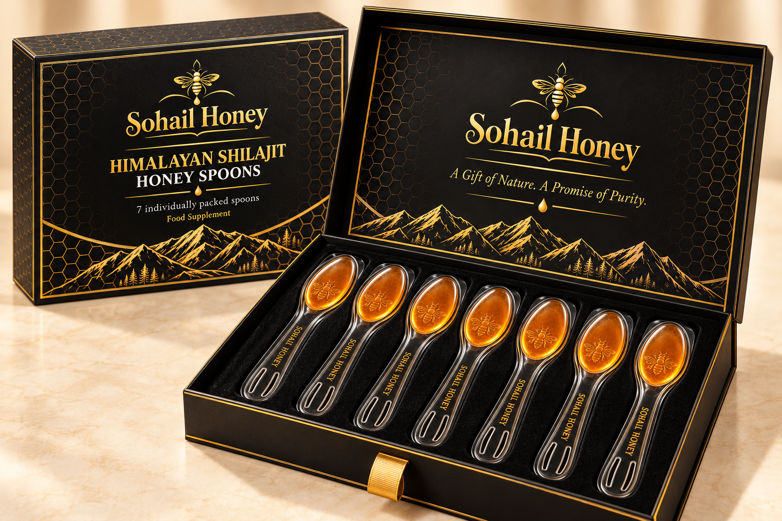 Sohail Honey Himalayan Shilajit Honey Spoons gift box with 7 individually packed spoons