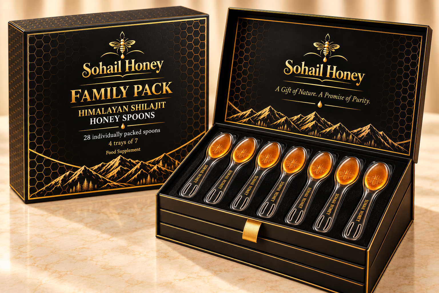 Sohail Honey Himalayan Shilajit Honey Spoons family pack box with 4 trays of 7 individually packed spoons